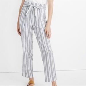 Madewell Size 8 Linen-Cotton Paperbag Pants Navy Blue and White Striped Ankle